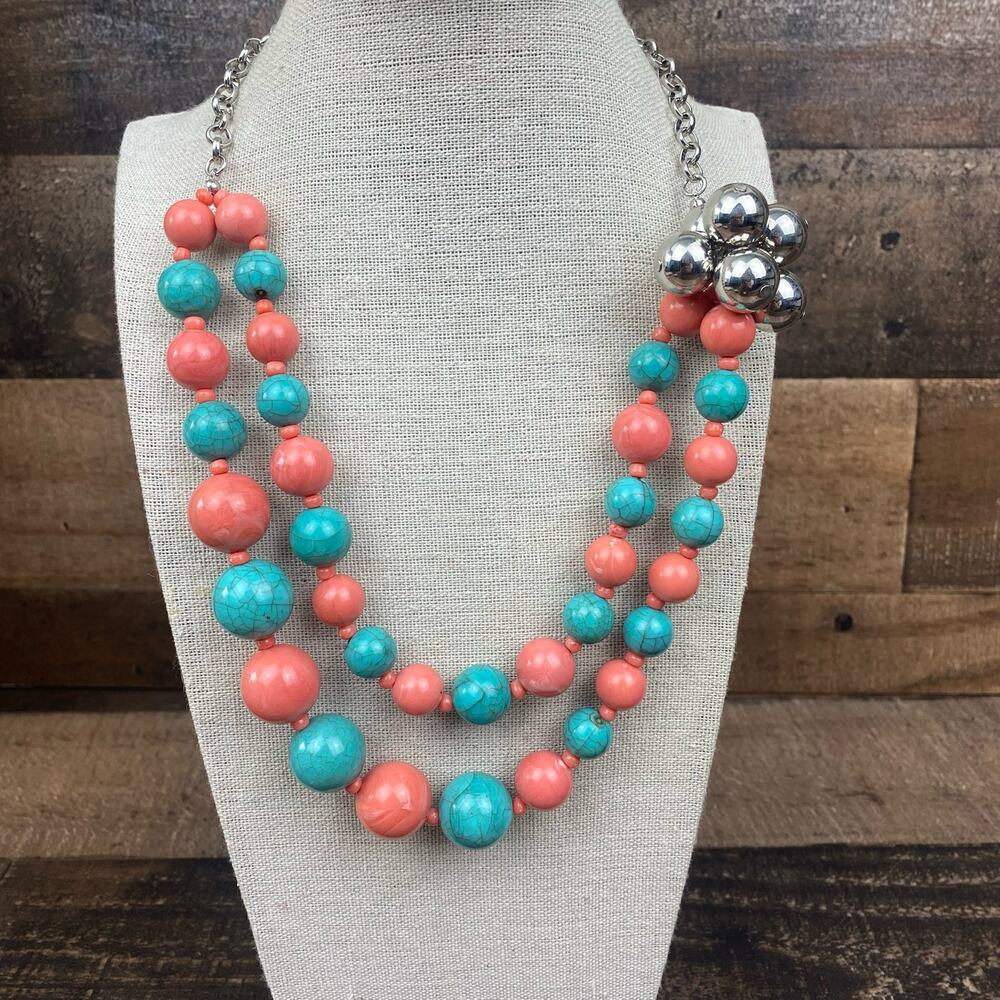 Erica Lyons signed silver toned double strand salmon pink and turquoise necklace
